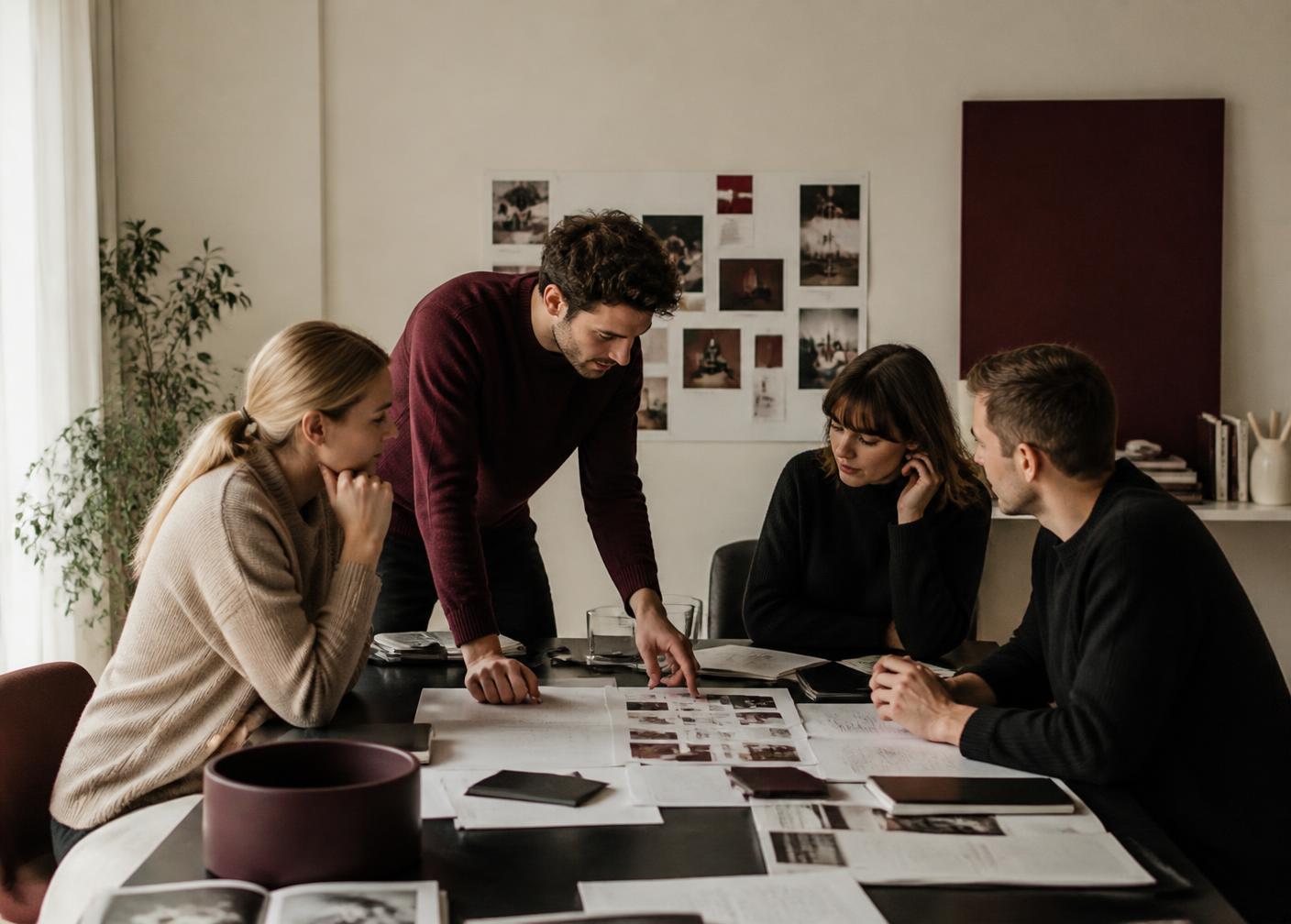 A small strategy team reviewing content and brand materials around a studio table